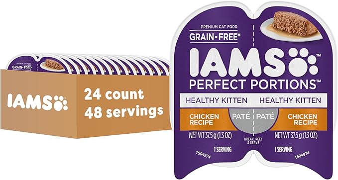 IAMS Perfect Portions Healthy Kitten Grain Free Wet Cat Food, Wet Cat Food Pate Recipe, Chicken Recipe, 2.6 oz. (24 Twin Packs)