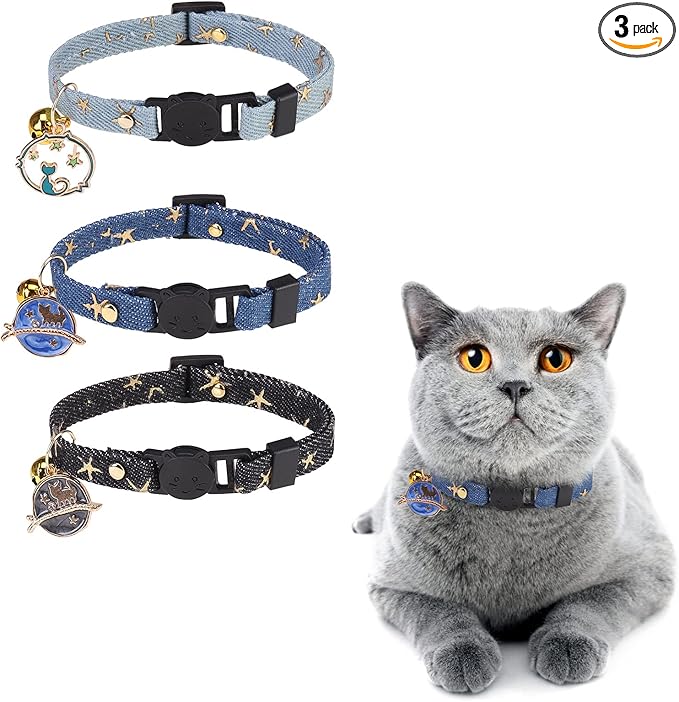 3 Pack Breakaway Cat Collars with Bell- Moon and Stars Pendant Cat Collar for Girl Boy Cats with Safety Buckle- Cute Kitten Collar Adjustable 8"-12" for Kitty Puppy Small Pets
