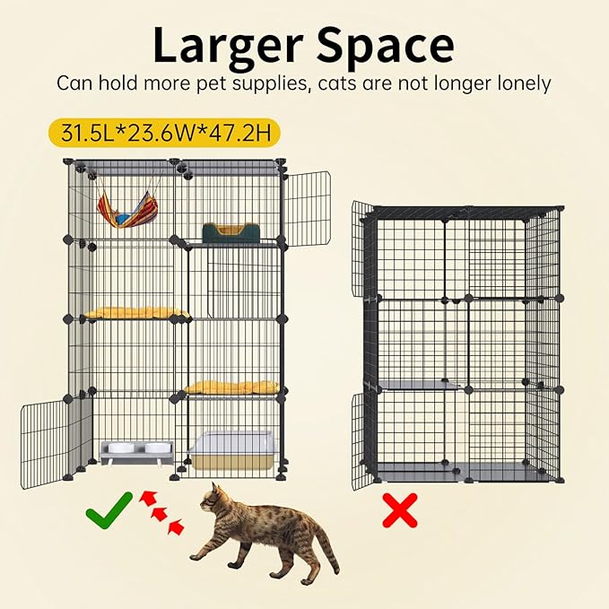 Oneluck 4-Tier Cat Cage for Indoor Cats 47.2-Inch Large Detachable Metal Wire Catio Enclosure Modular DIY Pet Playpen with 3 Platforms and 4 Doors for 1-2 Kittens 31.5 x 23.6 x 47.2 Inches Black