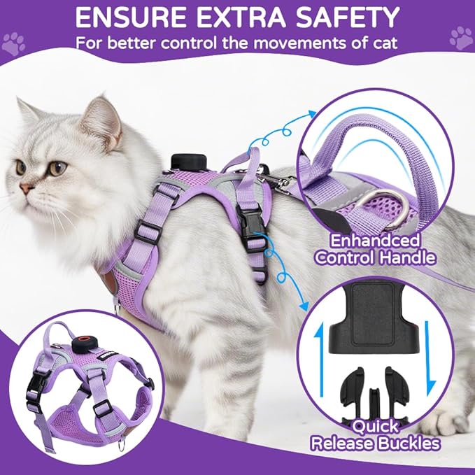Cat Harness and Leash Set with Holder Compatible with AirTag, Upgraded Escape Proof Adjustable Vest Lead for Large Cat Small Dog Walking, Soft Breathable Mesh Jacket with Reflective Strips, Purple, L