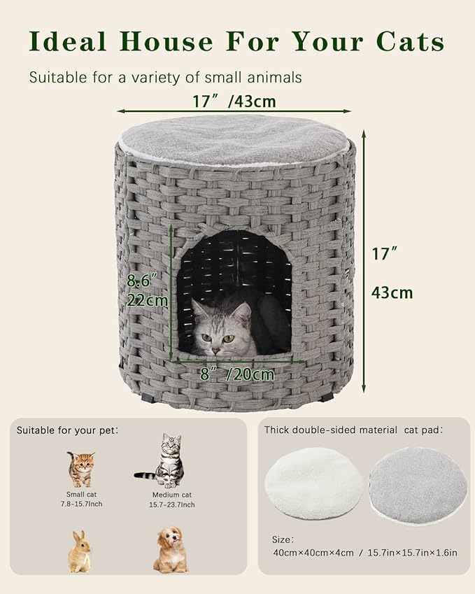 SETVSON Cat House for Indoor Cat, Large Double Cat Houses Cat Bed Cave, Handwoven Rattan Pet Beds with One Soft Pad, 17 x 17 x 17 Inches Foldable Kitten Hideaway in Living Room Gray