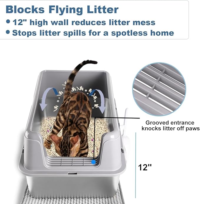 2 Pack Stainless Steel Cat Litter Box with Lid - XL Extra Large Enclosed Metal Litter Pan for Big Cats, High Sided Non-Stick Odor Resistant Anti-Urine Leakage, Easy Clean with Scoop & Mat, Gray/White
