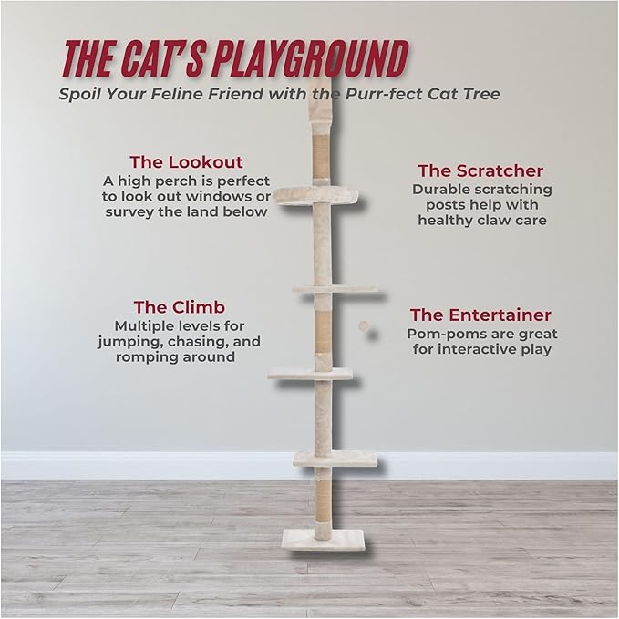 Trixie Kobe Cat Tree, 4-Level Indoor Cat Furniture, 90.5"-104" Ceiling Mount Tower with Adjustable Tension Rod, Large Jute Scratching Post, Beige