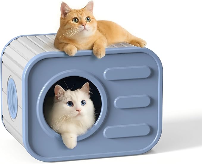 ROJIK Indoor Outdoor Cat House - Weatherproof Insulated Pet Shelter with Elevated Floor, Stackable Design for Bedroom, Patio and Yard Use, Easy Assembly Multi-Functional Cat Bed(Blue)