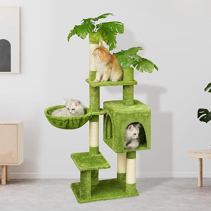 Meecal Green Tall Cat Tree 47-Inch for Kittens Under 6 Months 9lbs, Cat Tower for Small Cats - Scratching Post, Plush Hammock, Double Condos & Dangling Toys