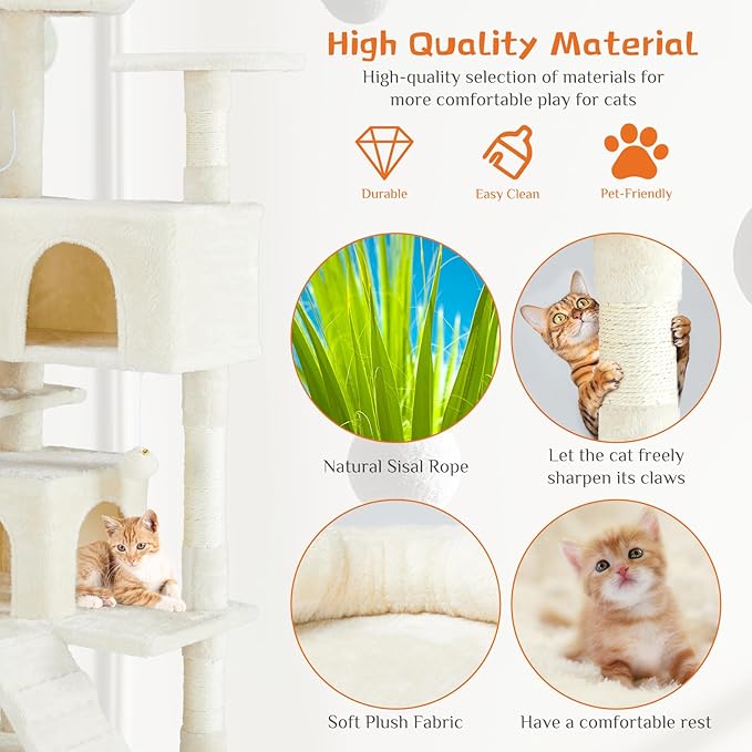 FluffyDream Cat Tree Tower for Indoor Cats, 54 Inches Multi-Level Activity Cat Tree with Sisal Scratching Posts Cat Play House Large Kitten Condo Funny Toys Climbing Ladder, Beige,Premium
