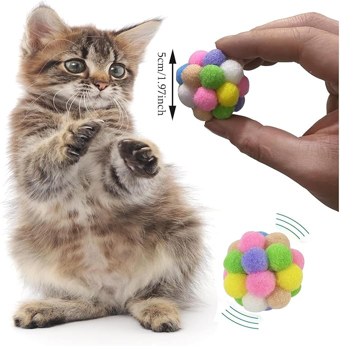 2 Inches Cat Toy Balls with Bell, Colorful Soft Fuzzy Balls, Cat Toys for Indoor 12 Pieces.