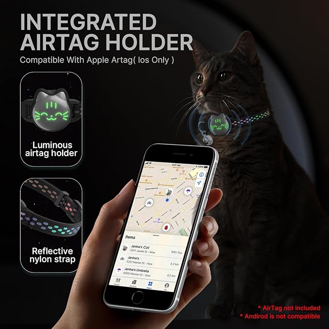 Waterproof Airtag 2nd & 1st Cat Collar, Breakaway Cat Airtag Collar with Luminous & Reflective Fish Pattern, Lightweight Kitten Collars for Apple Air tag, Hidden GPS Tracker Holder for Cats, Kittens