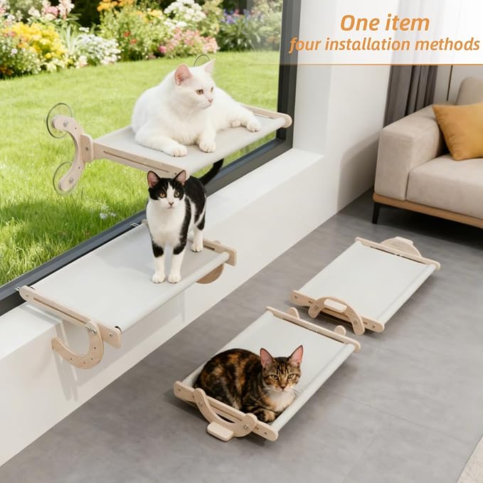 Window Cat Bed, Sturdy Cat Window Perch, Adjustable 4-in-1 Cat Hammock, 4 Modes for Complex Scenarios, Durable & Safe Hanging Seat for Kittens, Cats, Small Pets to Sleep & Play (Beige, 18inch)