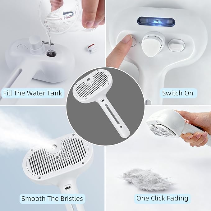 Cat Steam Brush for Shedding, Self Cleaning Hair Brush with Release Button for Short and Long Haired Cats, 4-in-1 cat Grooming Supplies for Massage, Cleaning, Shedding & Combing