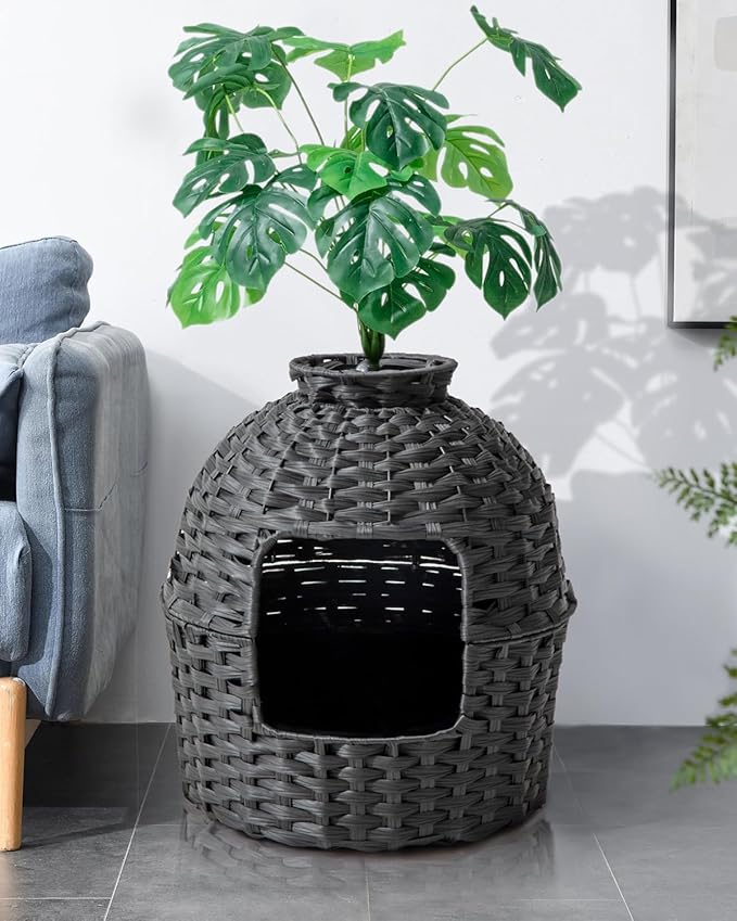SETVSON Cat Litter Box Plant Furniture Enclosure, Hidden Handwoven Rattan with Cat Litter Box and Artificial Plants, Odor Control Filter, Real Stones in Living Room, Bedroom, Corner (Black)
