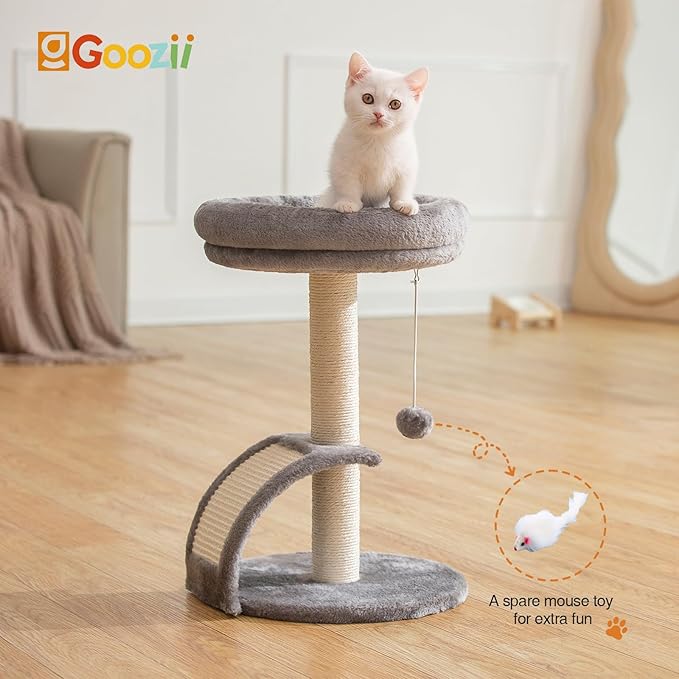 Goozii Small Cat Tree Tower with Scratching Post, Modern Kitten Tower for Indoor Cats, Short Carpet Sisal Cat Scratcher Stand with Large Bed Perch, Scratch Ramp, Toy Ball for Kitty Play (Grey)