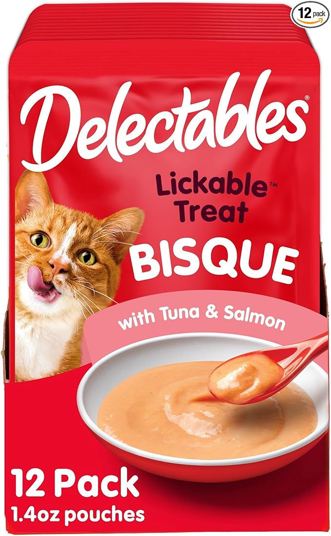 Delectables Lickable Treat Bisque Wet Cat Treat with Real Tuna & Salmon, Food Topper, Hydrating, Grain-Free, No Fillers, No By-Products, No Added Preservatives, 1.4oz Pouch, 12ct