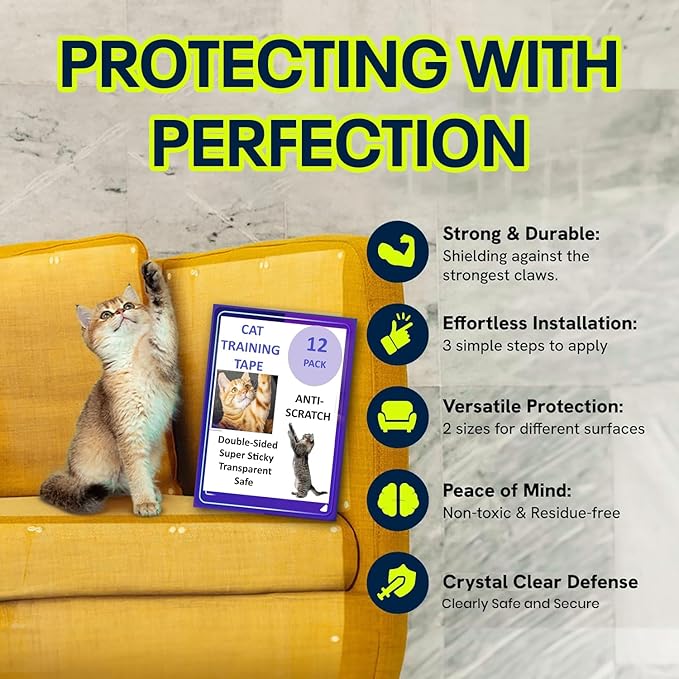 Cat Scratch Deterrent Tape, 12-Pack Clear, Double-Sided Furniture Protectors, Cat Training Tape, Anti-Scratch Sticky Tape, No Residue, Safe for Couches, Doors, Beds, & Tables