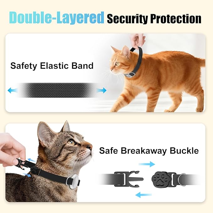 AirTag Cat Collar, Breakaway Air Tag Cat Tracker Collar with Integrated Airtag Holder Compatible with Apple Air Tag, Ultra Elastic & Comfortable Pet Tracking Collars for Cats Kittens (Black)