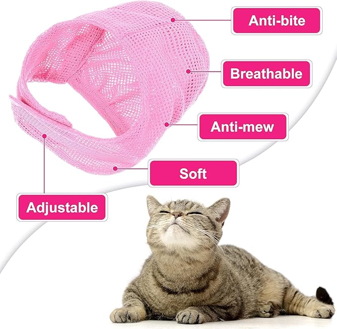 6 Pcs Cat Bathing Grooming Set - Adjustable Mesh Bathing Bag, Nail Clipper, Mesh Muzzle, Massage Brush, Tick Remover Tool & Nail File (Pink)