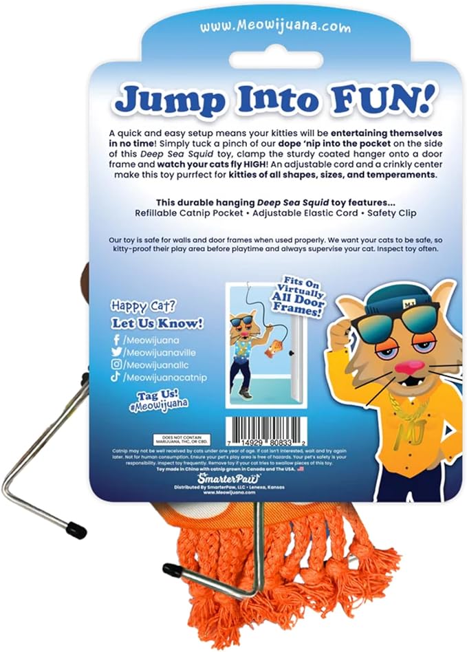 Meowijuana Purrfect Pairing Jump 'n' Jamb Squid Door Hanging Cat Toy and Get Tangled Octopus | Refillable Interactive Catnip Toy | Includes Potent Catnip Grown in North America