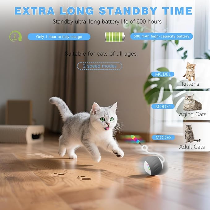 2.36 Inches Large Cat Toys Ball - Won’t Get Stuck, [Newly Upgraded] Sound & Motion-Activated, 2 Speed Fast/Slow Settings Automatic Interactive Cat Toy for Indoor Cats with 5 Tails Rechargeable - Gray