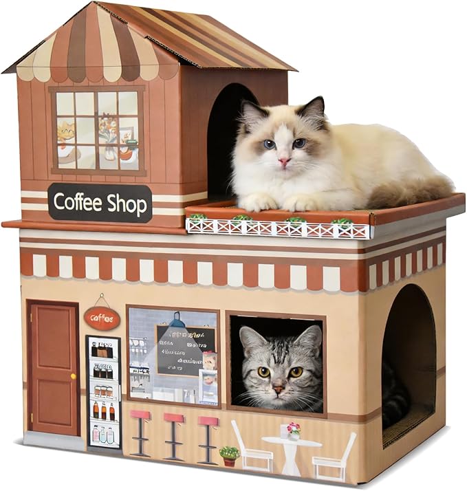 Cardboard Cat House for Indoor Cats, Double Layer Cat Scratcher House for Large Kitty Rabbit Bunny, Scratch & Sleep 2 in 1 Design, Durable & Easy to Assemble Scratching Bed(Coffee Bar)
