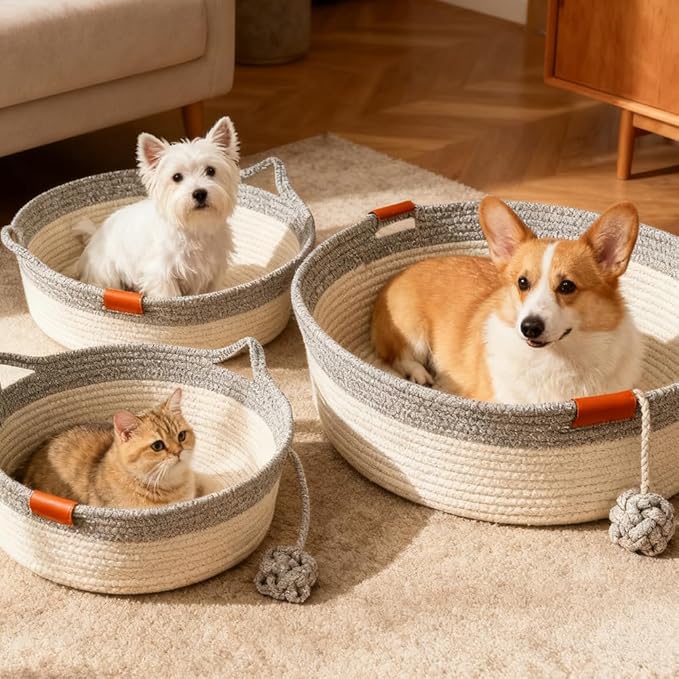 Cotton Rope Woven Cat Basket, Pets Hand Woven Cotton Bed Basket, Round Cat Sleeping Nest with Built-in Scratching Pad and Play Ball for Cats and Dogs All-Season (Gray-A, Medium)