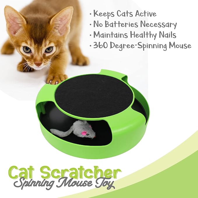 Interactive Cat Scratcher Toy – Manual Spinning Mouse for Natural Play & Claw Care – No Batteries, Quiet Design & Built-in Scratch Pad – 10" Spinning Cat Toy for Indoor Cats of All Ages