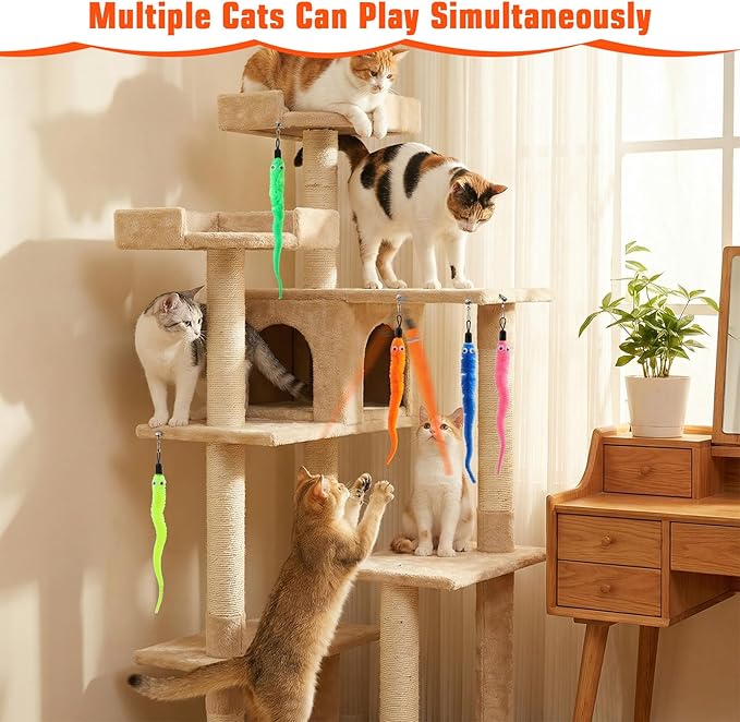 Larrel 15PCS Cat Worm Toy Replacement, Cat Wand Toy Accessories, Soft Worm Cats Toys Teaser with Bell, Fuzzy Worms Toys Attachments Replacements with Eyes for Indoor Cats and Kitten (5 Colors)