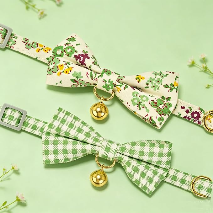 2 Pack Cute Cat Collar with Bow Tie & Bell, Adjustable Green Floral/Gingham Check Kitten Collars with Safety Breakaway Buckle for Cats & Small Dogs(GN Fl+Plaid)