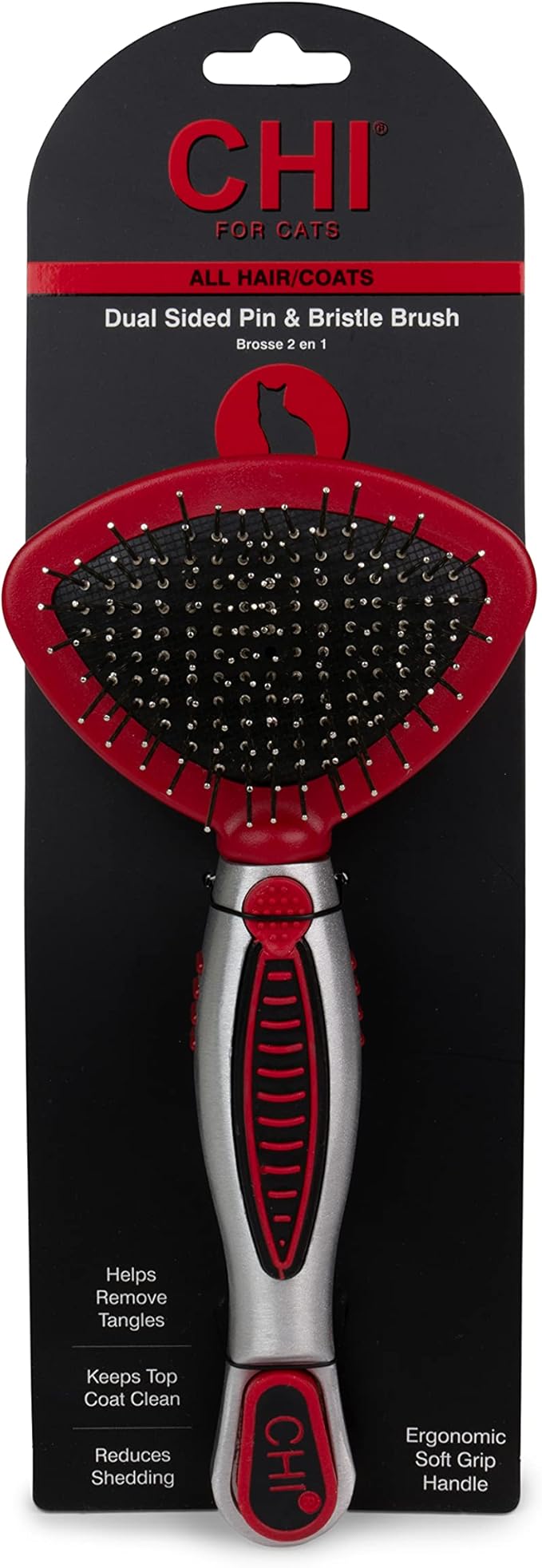 CHI for Cats 2-in-1 Double-Sided Pin and Bristle Cat Brush, Nylon-Tip Pins Detangle Undercoat, Bristle Side Reduces Shedding and Restores Shine, Ionic Technology, Ergonomic Soft-Grip Handle