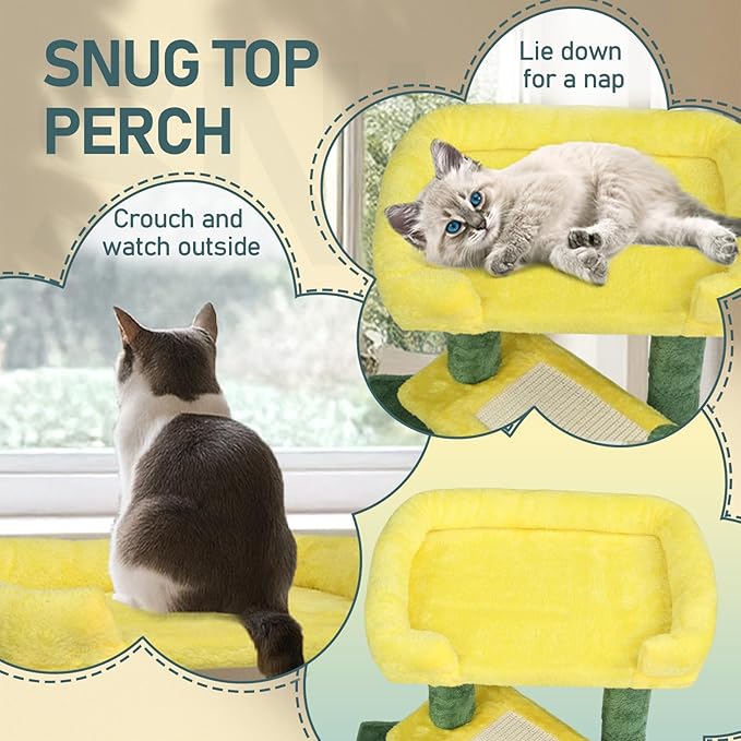 Cat Tree, Carpet Cat Tower for Indoors Cats, Cute Wood Kitty Condo with Scratching Post and Pad, Multi-Level Modern Activity Climbing Furniture for Small and Medium Cats (Green)