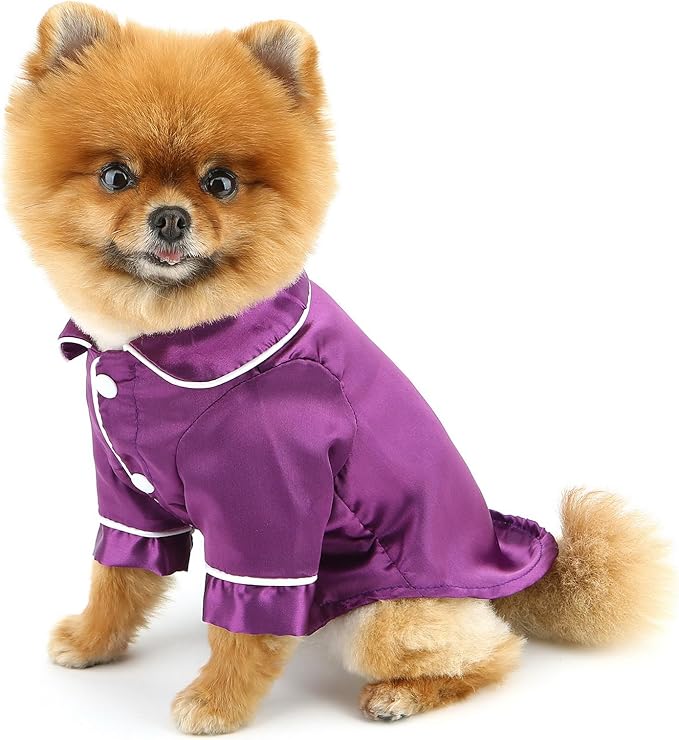 PAIDEFUL Soft Faux Silk Sleepwear for Small Dogs Cats Lapel Doggie Loungewear Lightweight Breathable Puppy Pajamas PJS Two-Legged Pet Shirt Clothes Summer Spring Chihuahua Apparel Button Up,Purple,4XL