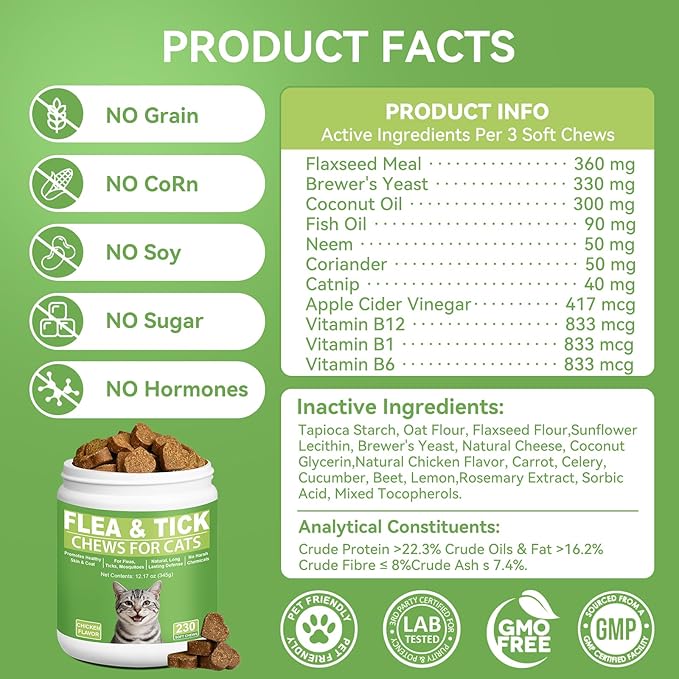 Cat Flea and Tick Chewables for Cats 230Ct, Natural Support Supplement, Flea Supplement for Cats, Flea and Tick Chews for Cats Kitten, All Breeds & Sizes, Digestive Health