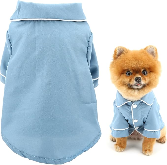 SMALLLEE_LUCKY_STORE Dog Pajamas for Small Medium Dogs Cats Soft Pet Sleepwear Shirts Comfortable Lapel Pjs Loungewear Clothes Bulldog Chihuahua Yorkie Two-Legged Outfit, Blue, L