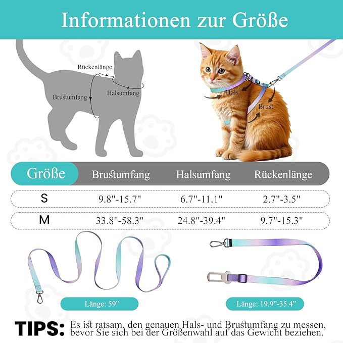 Cat Harness and Leash Set, Collars,Car Seat Belt [4 in 1 Detachable & Adjustable] Escape Proof Cat Harness, Comfortable Soft Lightweight, Walking Travel Kitten Harness for Small Medium Large Cats (S)