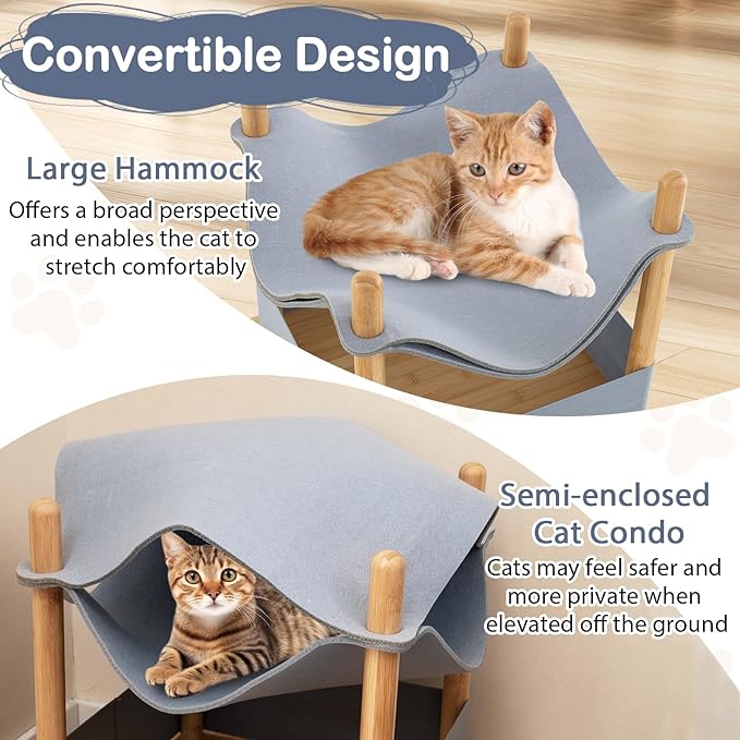 Tangkula Elevated Cat Hammock Bed, 2-Tier Bamboo Pet Bunk Beds for Indoor Cats, Modern Raised Hanging Bed with Semi-Enclosed Condo, Removable & Washable Felt Fabric, Extra Storage Space (Gray)