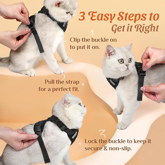 Dooradar Cat Harness and Leash Set, Escape Proof Soft with 3 Adjustable Buckles, Comfortable Vest Easy to Wear Kitten Harness with Reflective Strip, Safe for Outdoor Walking, Black, M
