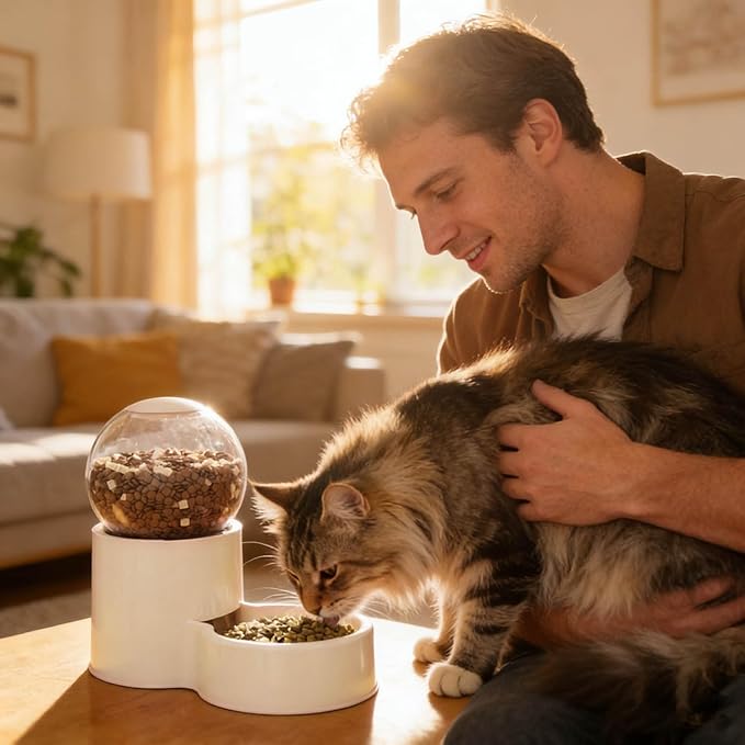 Automatic Cat Feeder, Water Dispenser Gravity Food Feeder and Water Set, Pack of 2, Cat Food Dispenser and Gravity Water Fountain for Cats Small Dogs Puppies Kittens Pets (Beige)