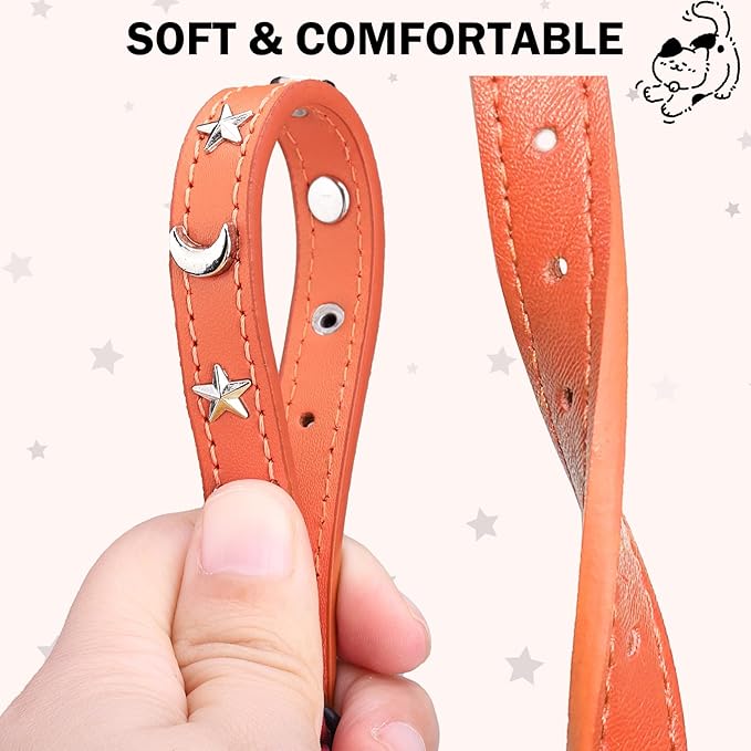 Leather Cat Collars for Boy Girl Cats with Bell and Safety Elastic Belt, Personalized Star and Moon Stud Adjustable Safe Buckle Collar for Kitty Small Big Cats Size 8-12 Inch, Orange
