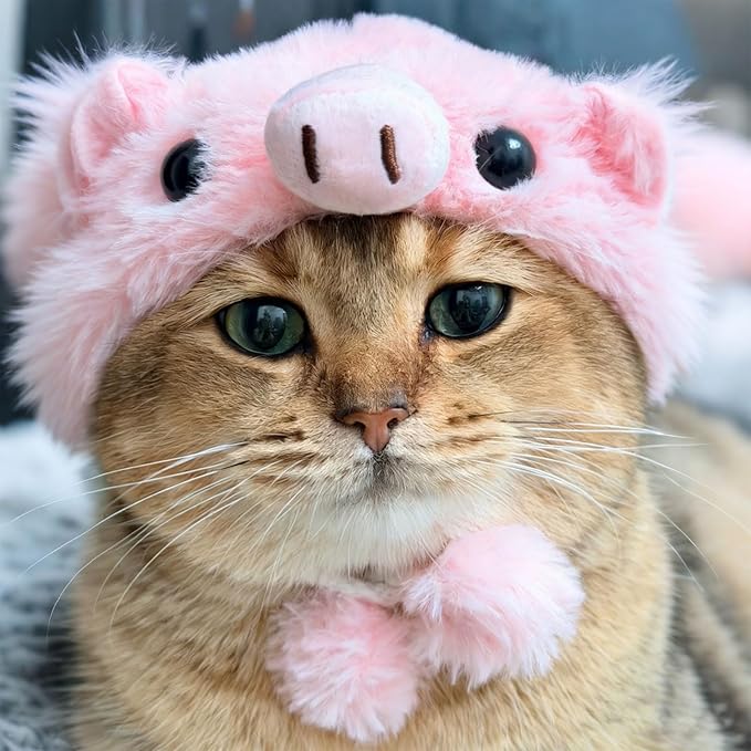 Adorable Pet Plush Headwear, Soft Small Pet Costume Warm Hat for Cat Puppy Dog, Cute Comfortable Pet Head Cover Ear Muffs for Festival Party Activity, Pig, 1 Piece