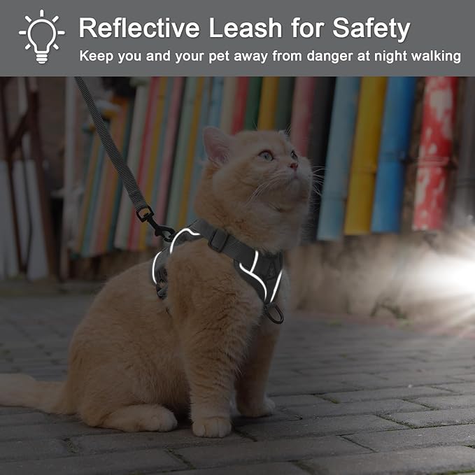 Cat Harness and Leash Set, Escape Proof Adjustable Vest with Leash for Walking with Kittens and Puppies Outdoor, Soft Mesh Jacket with Reflective Strips (M, Grey)