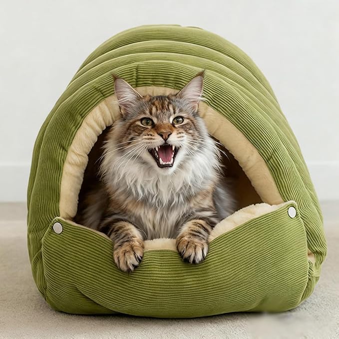 Removable and Washable Winter Closed-Off Cat Bed, Warm Cat Bed for Winter, Cotton Soft Pet Nest for Cats, Warm Cave Nest Sleeping Puppy for Cats & Small Dogs (Green, Small)