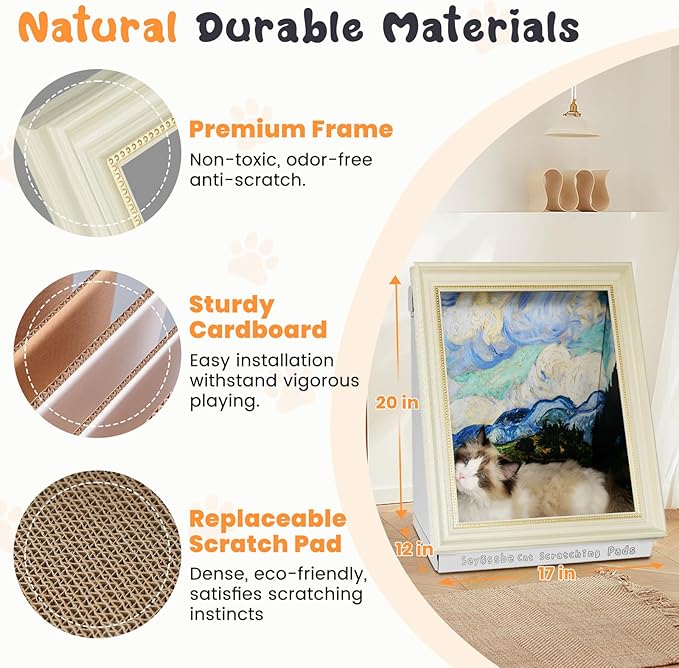 Mona Lisa Cat Bed Painting Cat Scratcher Bed CartBoard Cat House Beds for Indoor Cats Half-Surround Design W/Horizontal Cat Scratcher Scratching Board W/Catnip (The Star Night, Frame Pre-Taped)