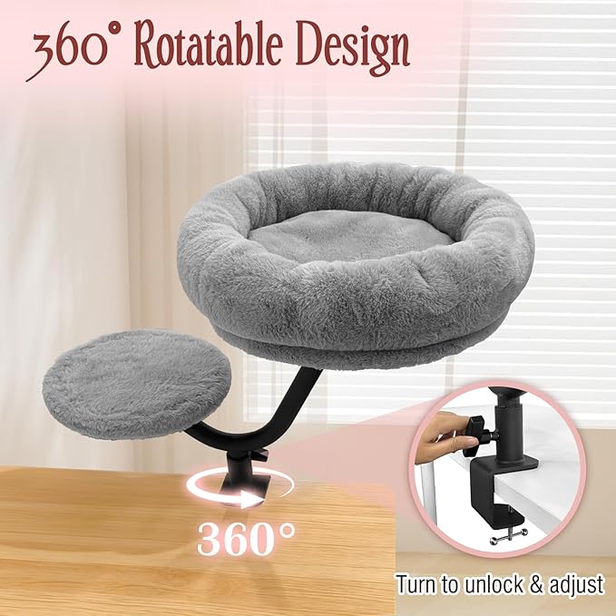 Cat Desk Bed, Desk Cat Bed Attachment for Indoor Cats, 360° Swivel Clamp-on Cats Perch with 40lbs Support, Sturdy Plush Resting Spot for Home Office,Gray