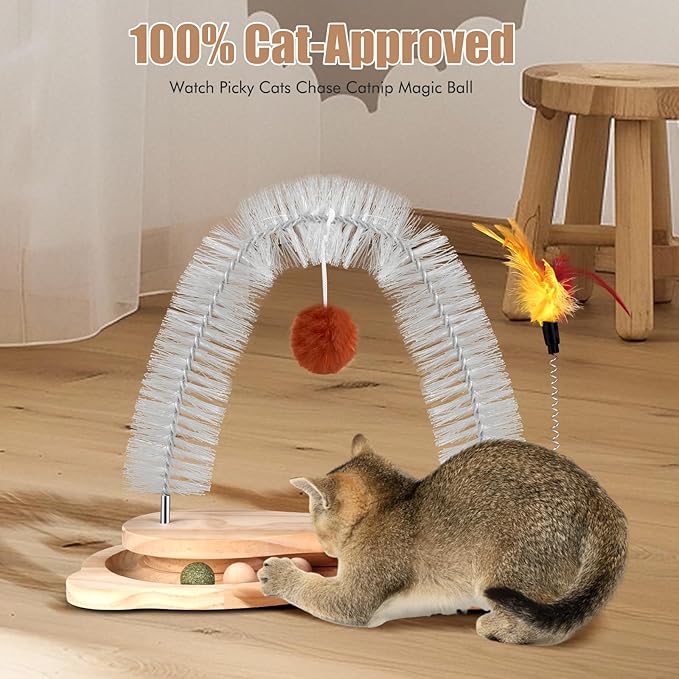 Cat Self Groomer, Cat Scratcher Grooming Brush Massager Arch for Indoor Cats Face Back Scratcher Rubbing Post Corner Brush w/ Kitten Interactive Catnip Ball Track Toy for Chasing Hunting Exercise