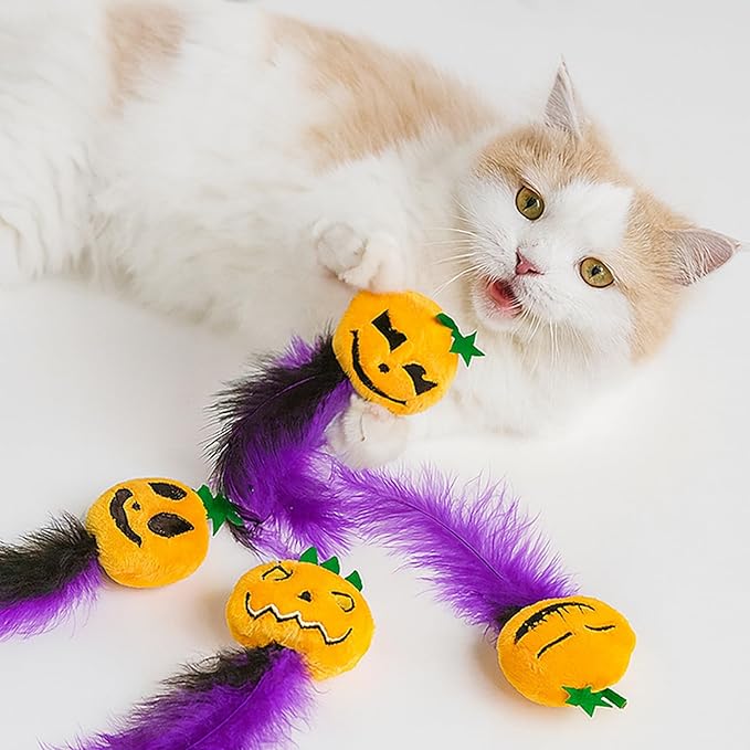 Pumpkin-Shaped Cat Toys 4-Pack with Feathers