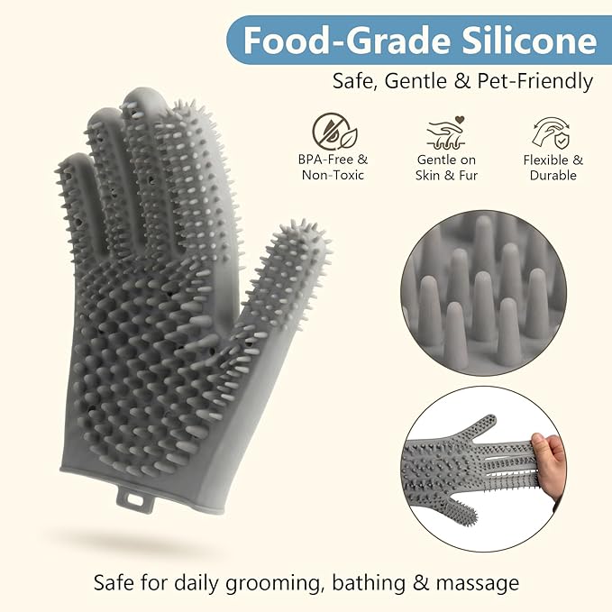 Pet Grooming Gloves for Cats & Dogs, Silicone Pet Hair Removal Glove for Bathing, Shedding & Massage, Gentle Cat & Dog Grooming Glove for Long & Short Hair Pets（Grey-Medium）