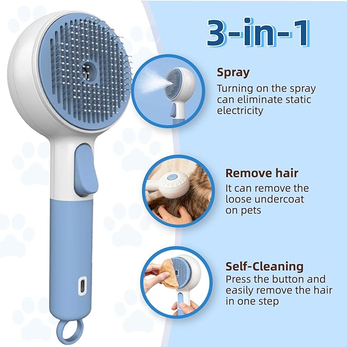 DebutPet Cat Steam Brush for Shedding - 3 in 1 Steamy Cat Brush with Water Spray, Self Cleaning Dog Grooming Comb for Tangled & Loose Hair, Massage Pet Hair Removal Tool (USB Rechargeable)