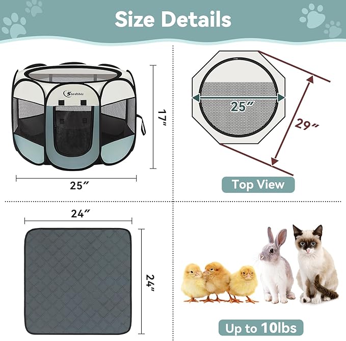 Siedihit Dog Playpen with Washable Pee Pad, Puppy Pet Cat Playpen Small Dogs Tent Crate Indoor/Outdoor, Portable Pop Up Kennel with Carrying Case for Cats/Rabbits(Grey,Small with pad)