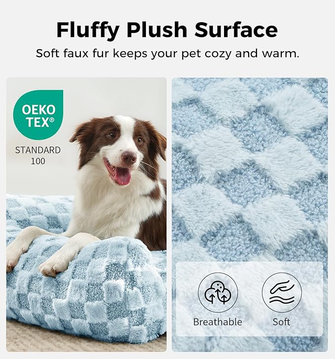 Made4Pets Cat and Dog Indoor Couch Bed, Soft Faux Fur Checkered Pet Sofa, Cozy Fluffy Pet Sofa with Supportive Foam, Removable Washable Cover with Non-Slip Base, Sky Blue, Medium