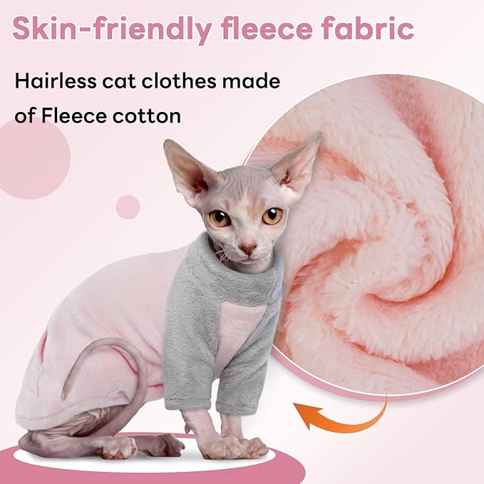 T'CHAQUE Sphynx Cat Clothes, Soft Fleece Sweaters for Hairless Cats, Pajamas With Sleeves, Winter Warm Outfit Onesie Jumpsuit Hoodie for Kittens