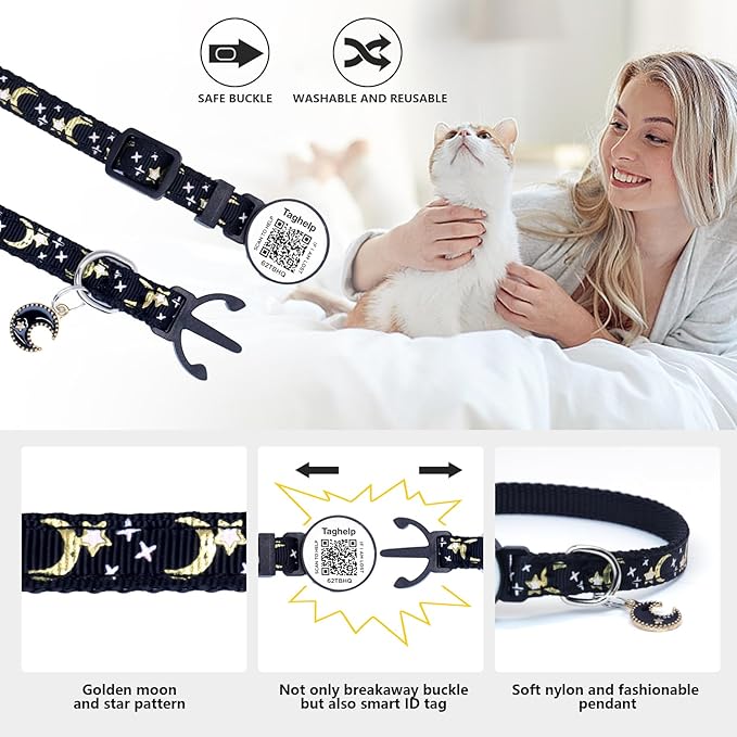 Breakaway Safety Cat Collar with QR Code ID Tag, 2 Pack Reflective Lightweight Kitten Collars – Silent Durable Collar with Online Pet Info Profile, Blue